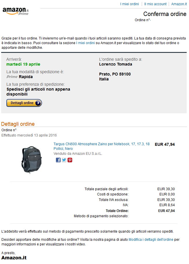 Targus CN600 acquisto mail